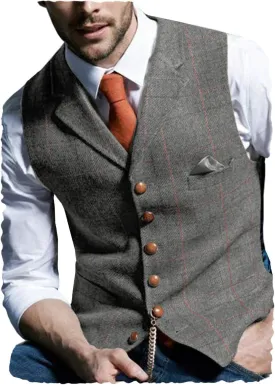 Casual Men's Vest for Wedding Plaid Soft Wool Tweed Waistcoat for Groosmen Best Man