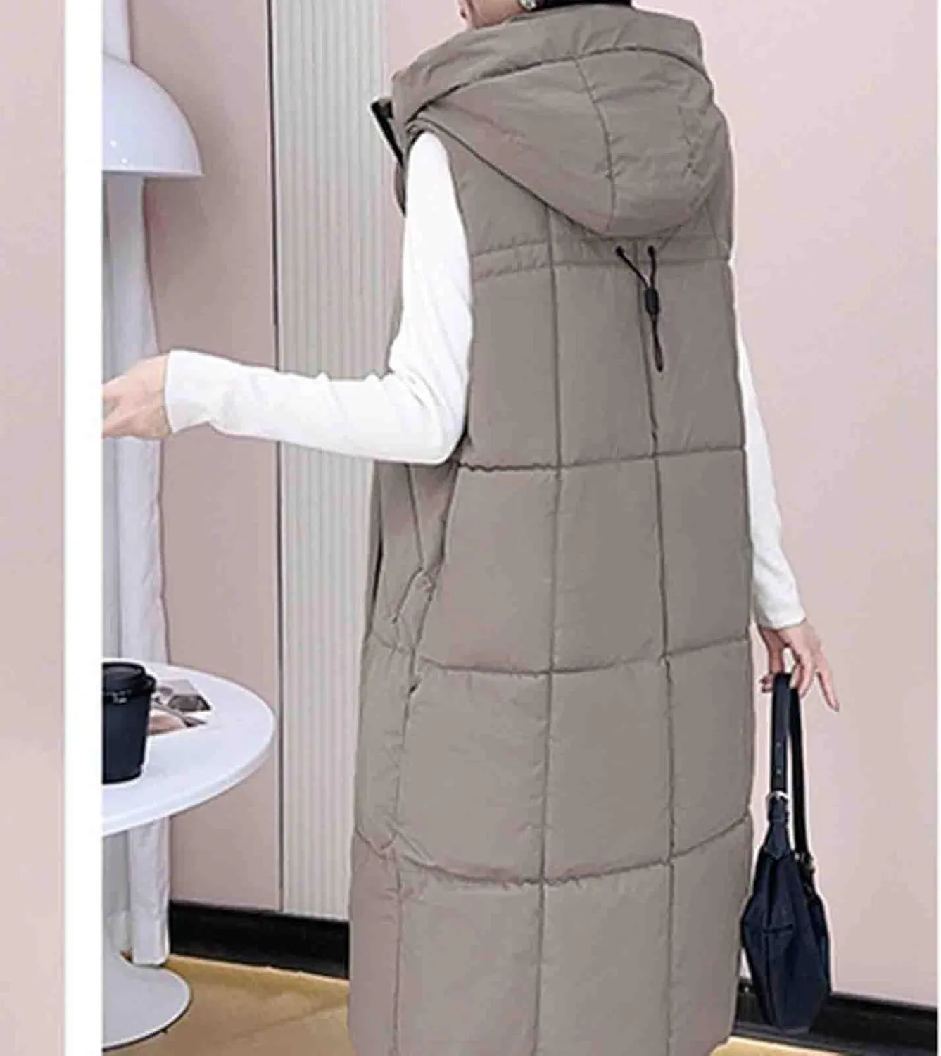 Cotton Long Puffer Vest for Women Hooded Sleeveless Quilted Down Jackets Winter Insulated Puffy Padded Gilet Coats