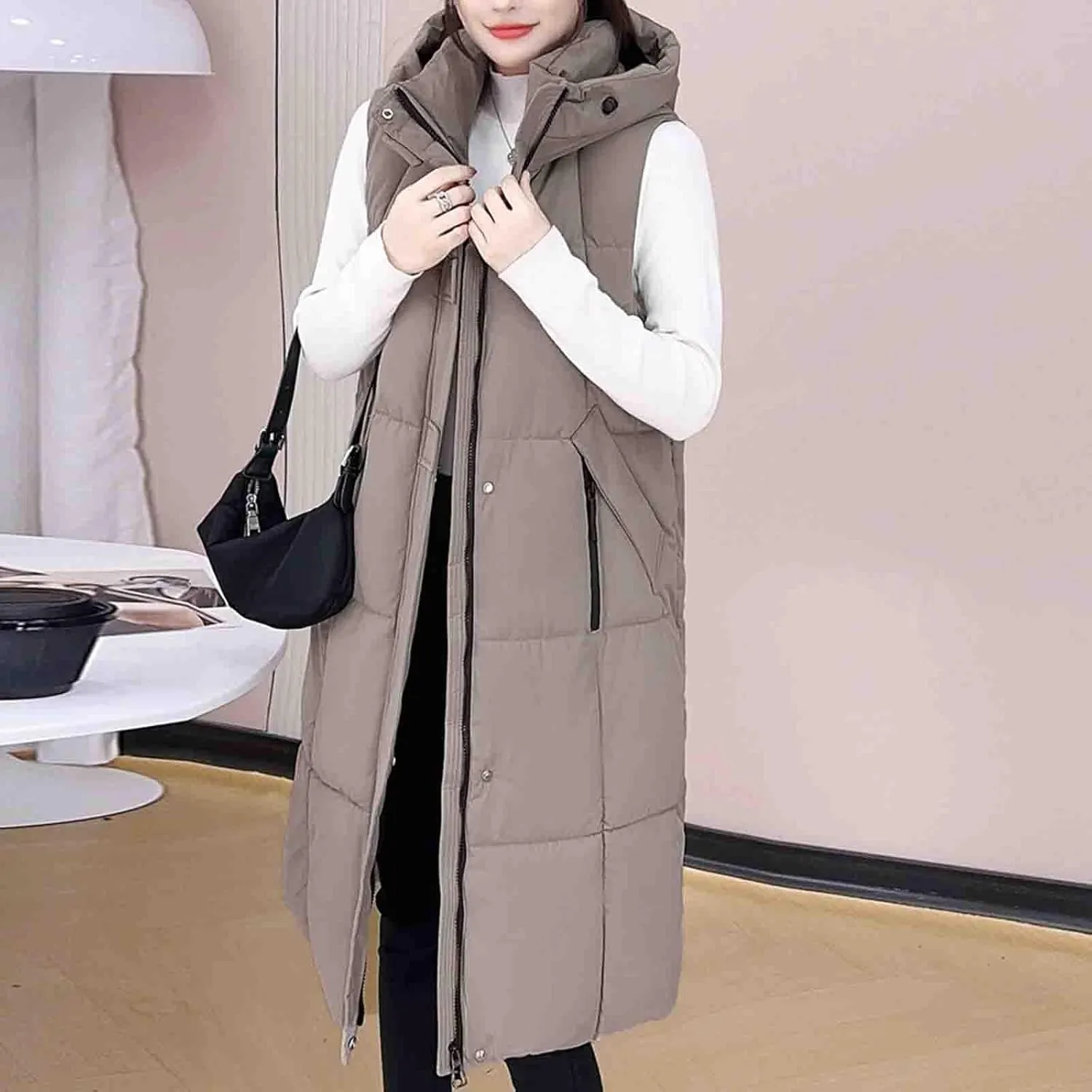 Cotton Long Puffer Vest for Women Hooded Sleeveless Quilted Down Jackets Winter Insulated Puffy Padded Gilet Coats