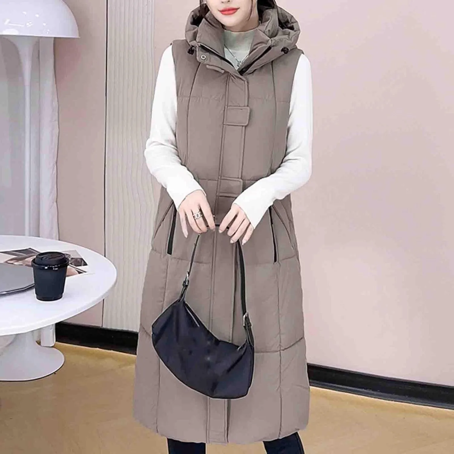 Cotton Long Puffer Vest for Women Hooded Sleeveless Quilted Down Jackets Winter Insulated Puffy Padded Gilet Coats