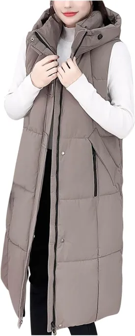 Cotton Long Puffer Vest for Women Hooded Sleeveless Quilted Down Jackets Winter Insulated Puffy Padded Gilet Coats