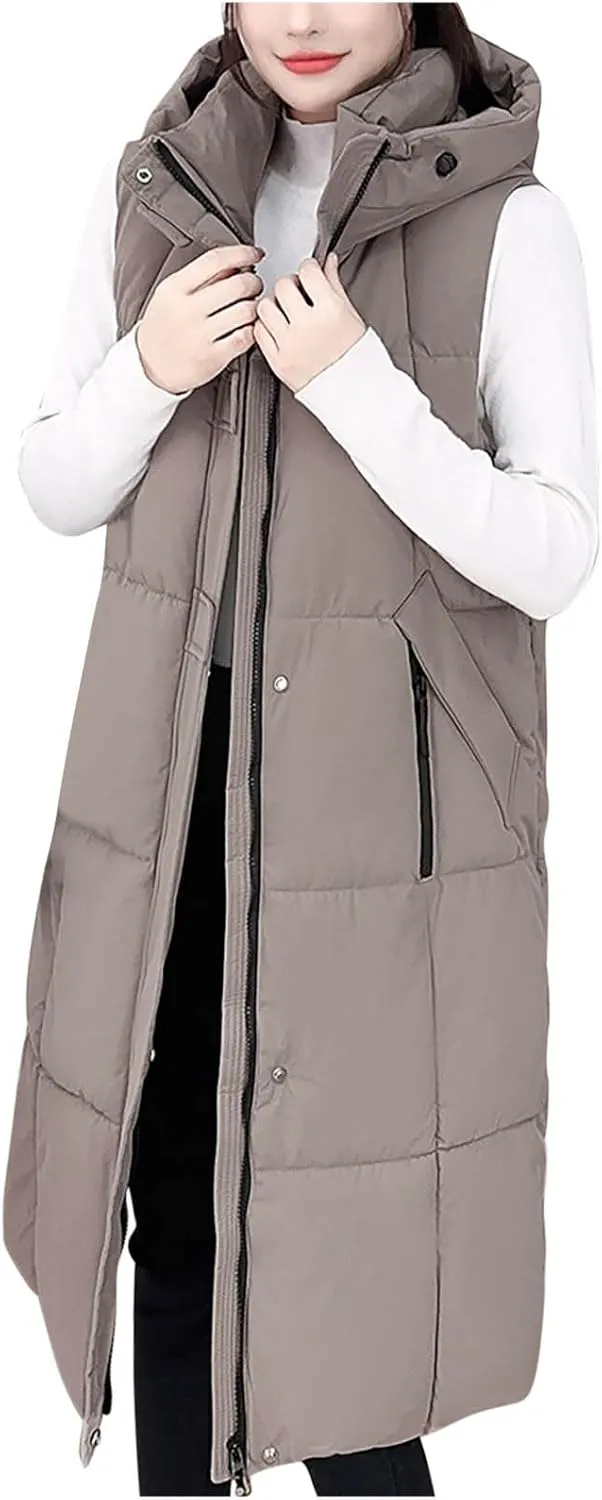 Cotton Long Puffer Vest for Women Hooded Sleeveless Quilted Down Jackets Winter Insulated Puffy Padded Gilet Coats