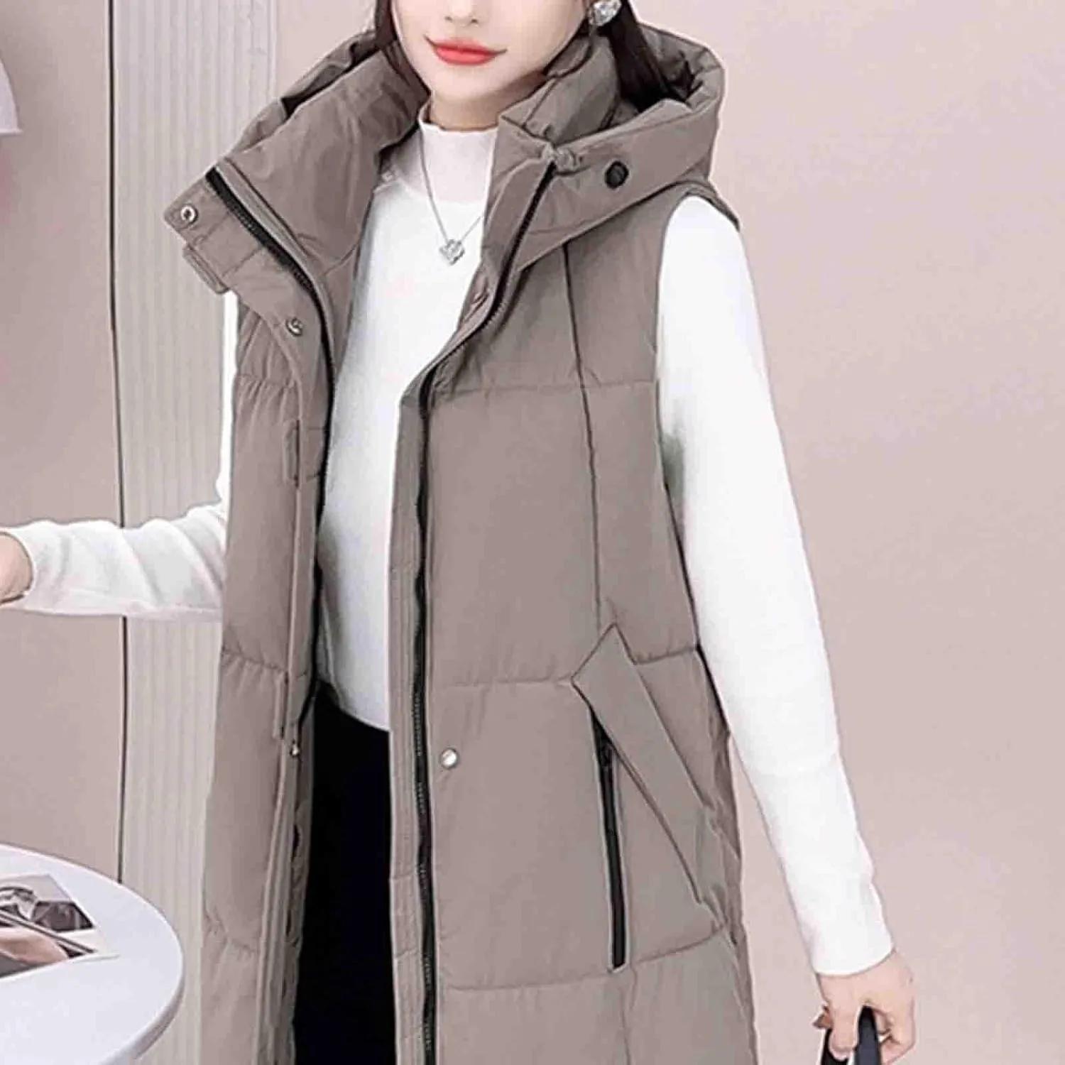 Cotton Long Puffer Vest for Women Hooded Sleeveless Quilted Down Jackets Winter Insulated Puffy Padded Gilet Coats