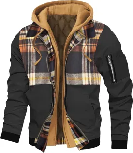 Hooded Jackets for Men Casual Thicken Bomber Jacket Quilted Lined Long Sleeve Plaid Color Block Zip Up Hoodies Coat