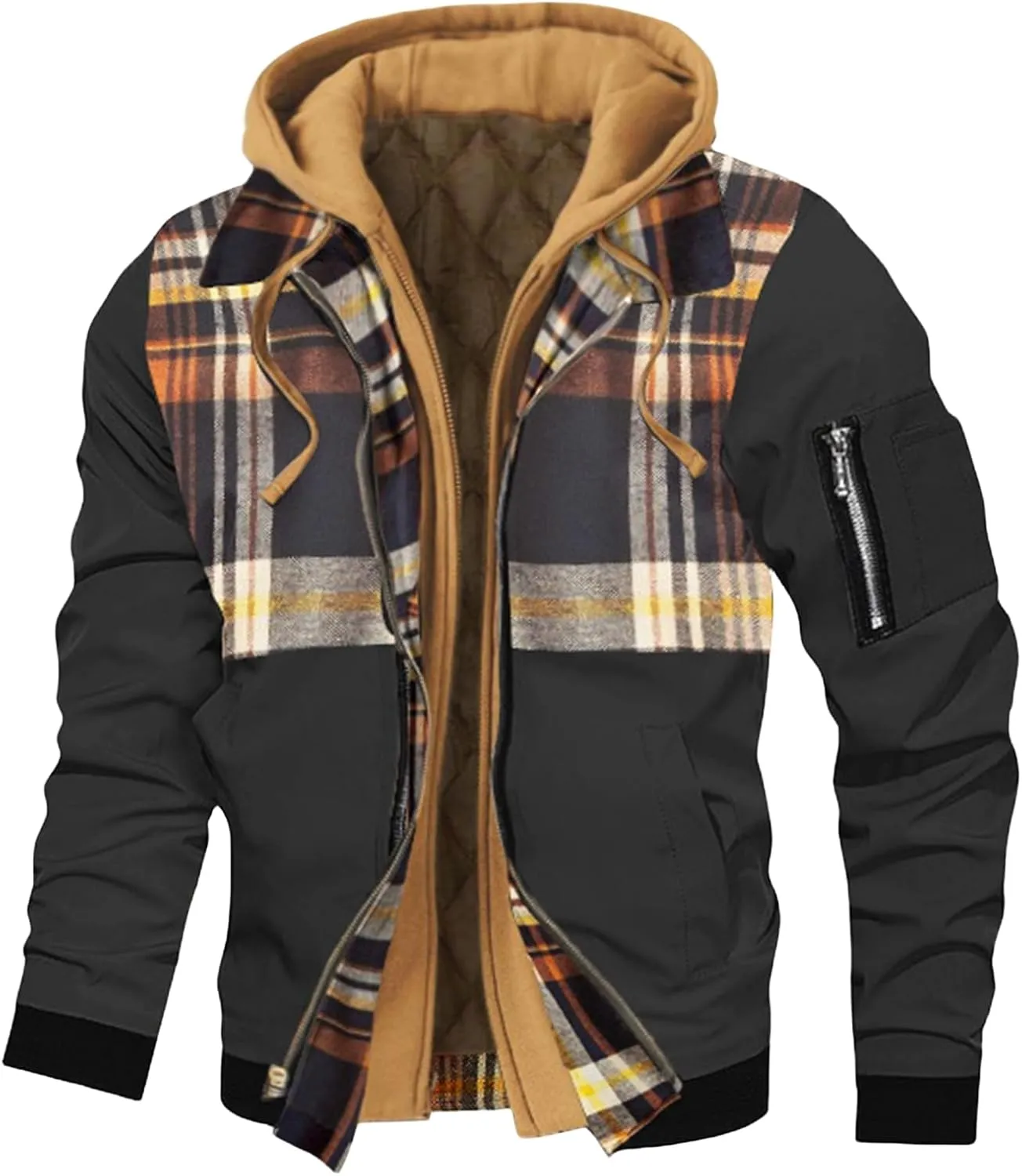 Hooded Jackets for Men Casual Thicken Bomber Jacket Quilted Lined Long Sleeve Plaid Color Block Zip Up Hoodies Coat