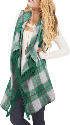 Inorin Womens Sleeveless Plaid Asymmetrical Hem Tassel Drape Open Front Cardigan Vest