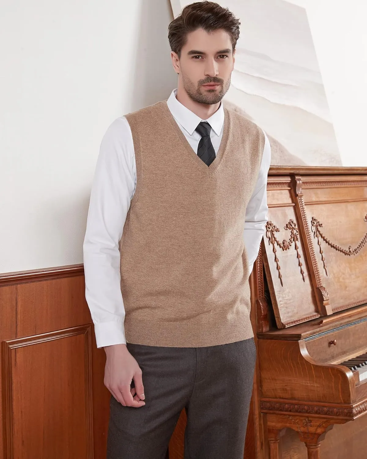 Kallspin Men's Wool Blended Vest Sweater Relaxed Fit V Neck Sleeveless Knitted Pullover