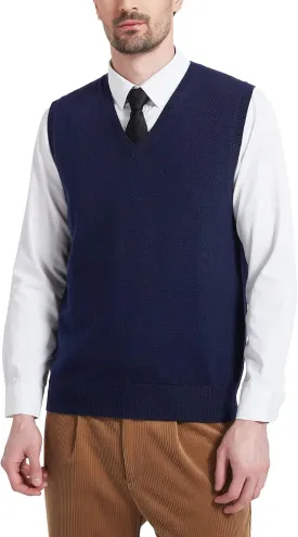 Kallspin Men's Wool Blended Vest Sweater Relaxed Fit V Neck Sleeveless Knitted Pullover