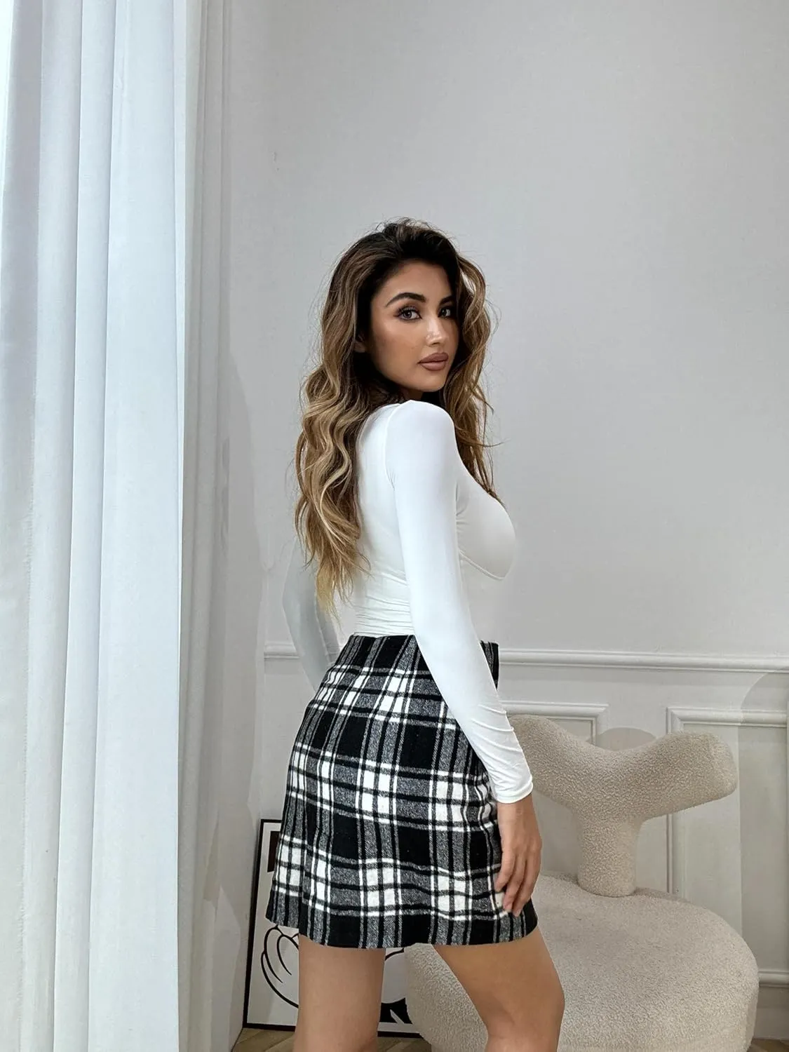 Kate Kasin 2025 Plaid Pencil Skirts for Women High Waisted Casual Stretch Bodycon Mini Skirt