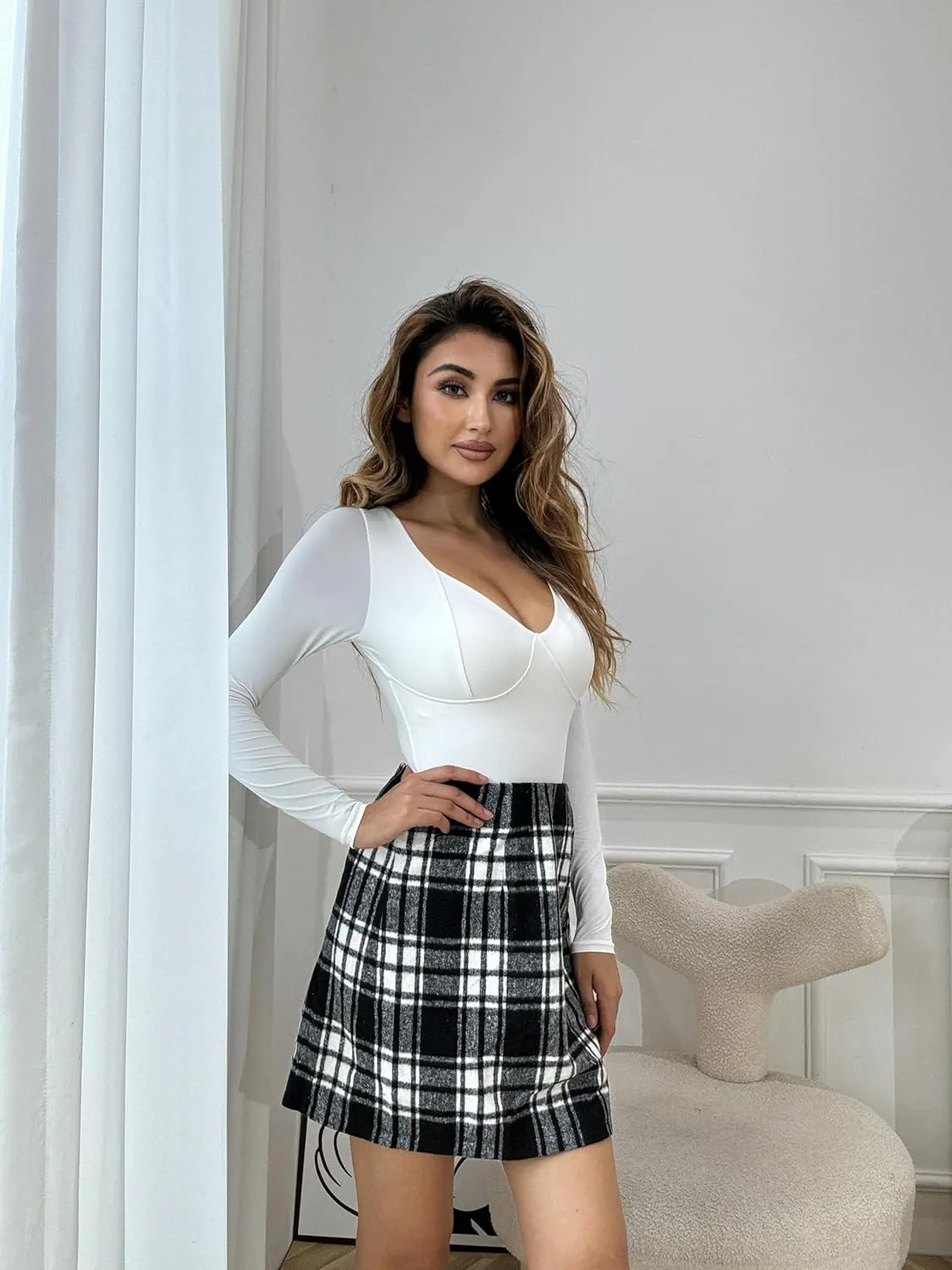 Kate Kasin 2025 Plaid Pencil Skirts for Women High Waisted Casual Stretch Bodycon Mini Skirt