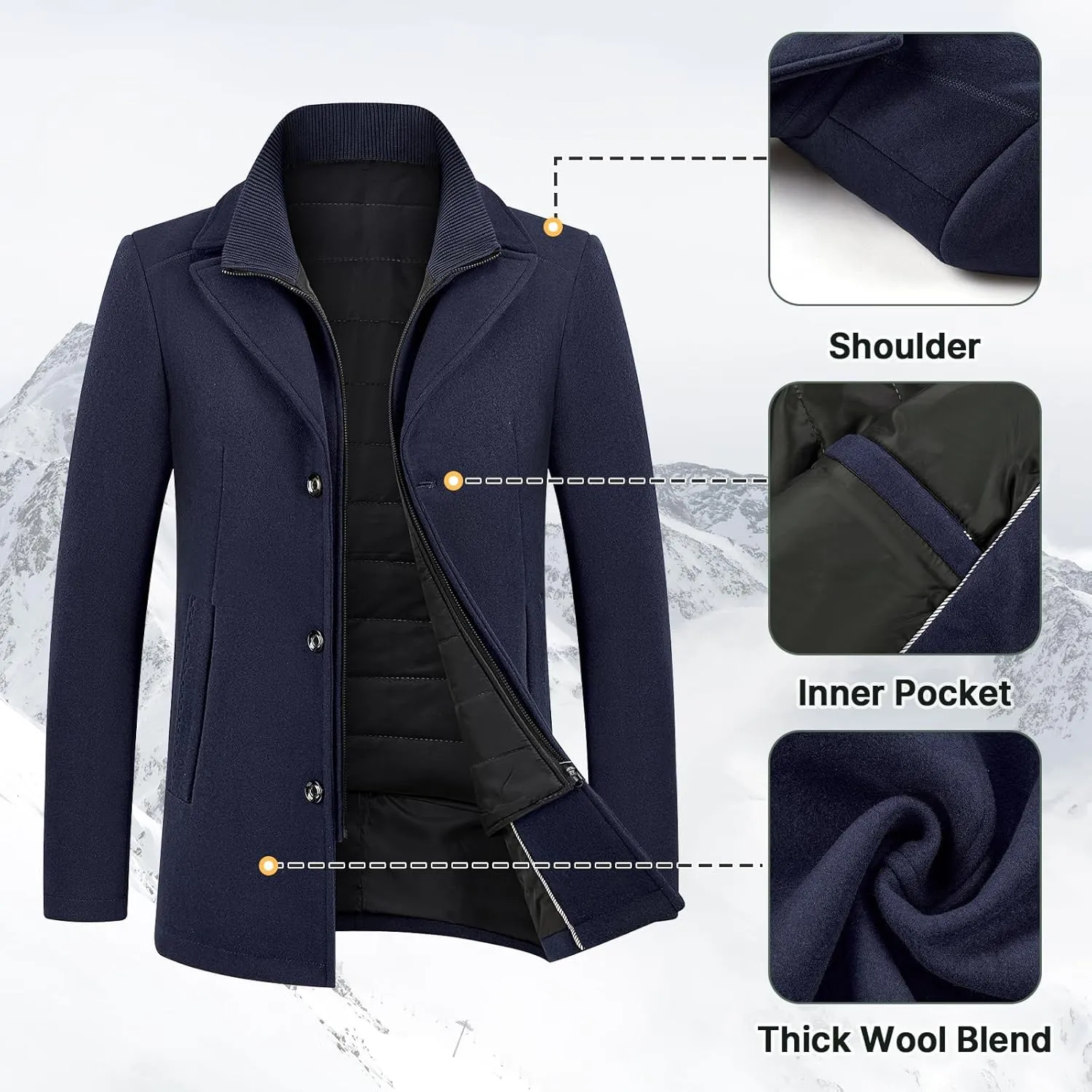 Lamgool Men's Winter Wool Coat with Removable Padded Vest 2-in-1 Winter Warm Casual Peacoat