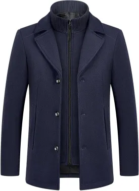 Lamgool Men's Winter Wool Coat with Removable Padded Vest 2-in-1 Winter Warm Casual Peacoat