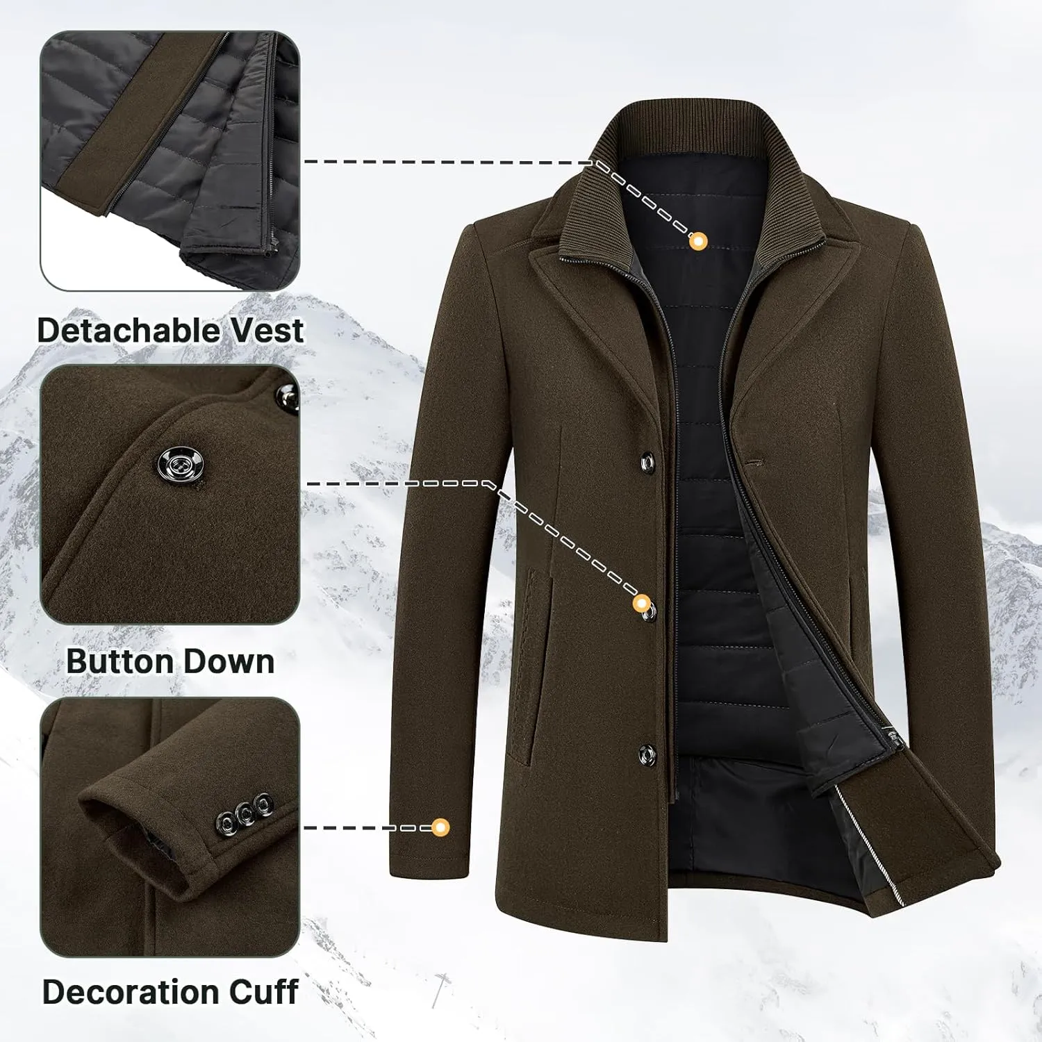 Lamgool Men's Winter Wool Coat with Removable Padded Vest 2-in-1 Winter Warm Casual Peacoat
