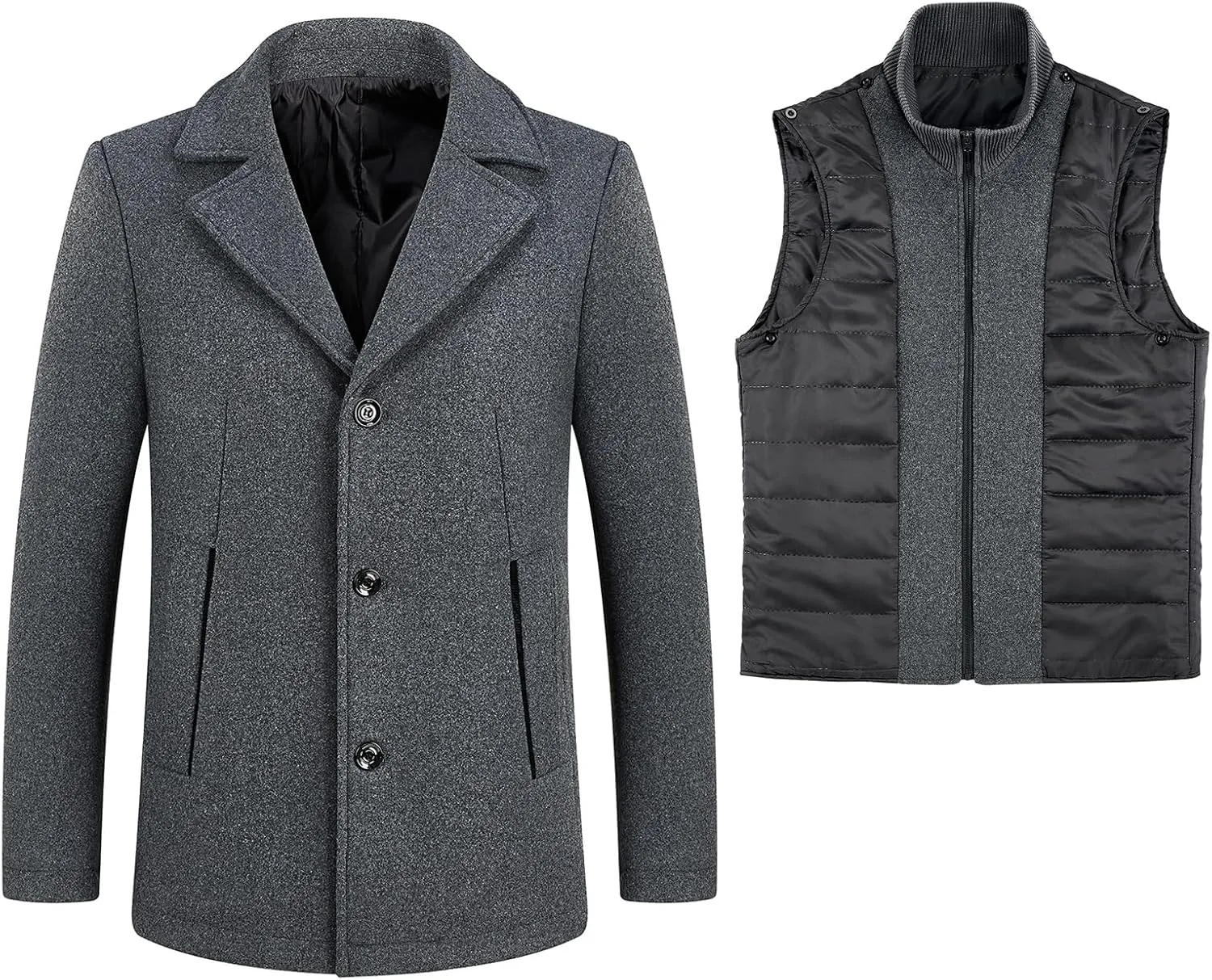 Lamgool Men's Winter Wool Coat with Removable Padded Vest 2-in-1 Winter Warm Casual Peacoat