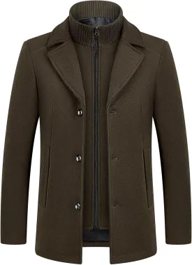 Lamgool Men's Winter Wool Coat with Removable Padded Vest 2-in-1 Winter Warm Casual Peacoat