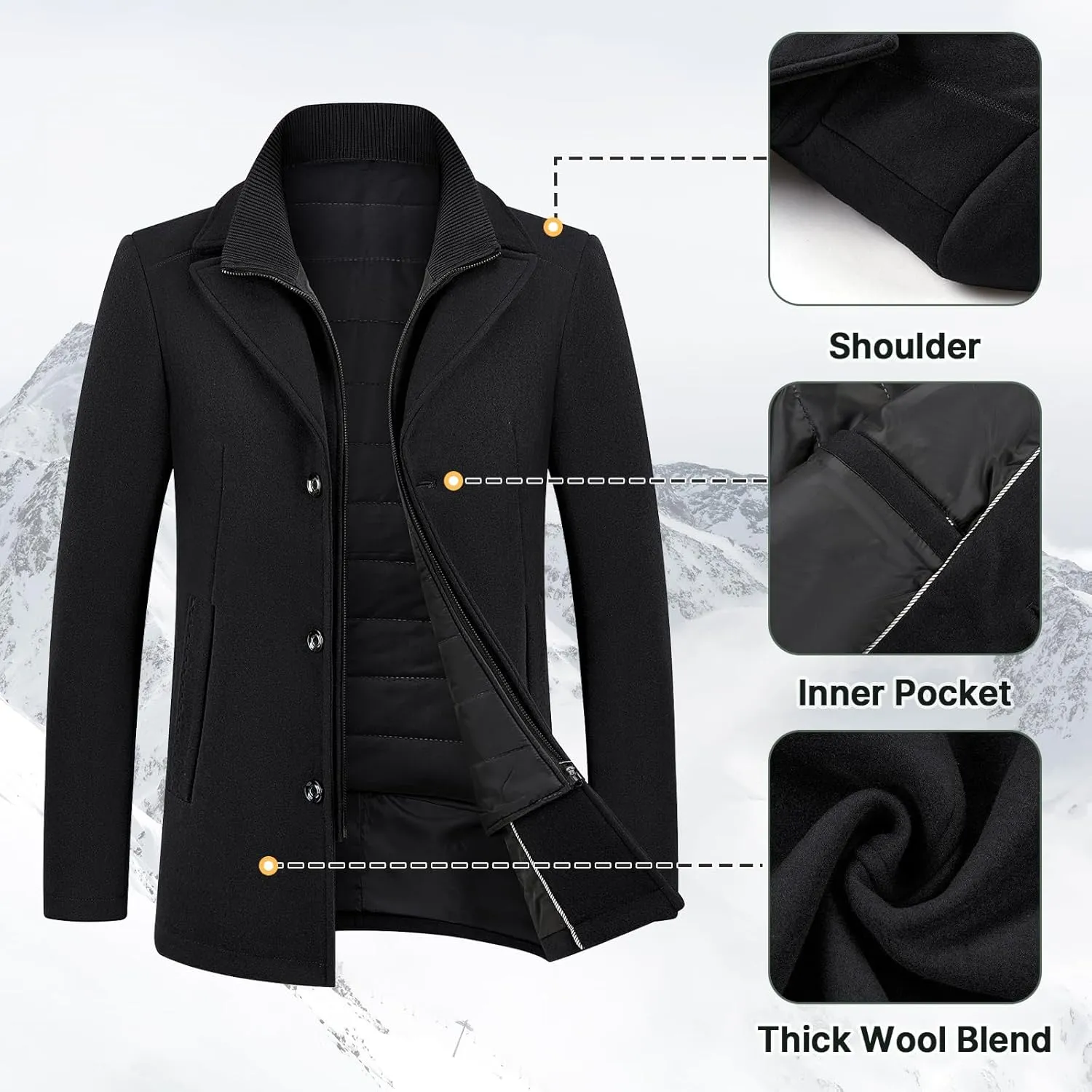 Lamgool Men's Winter Wool Coat with Removable Padded Vest 2-in-1 Winter Warm Casual Peacoat