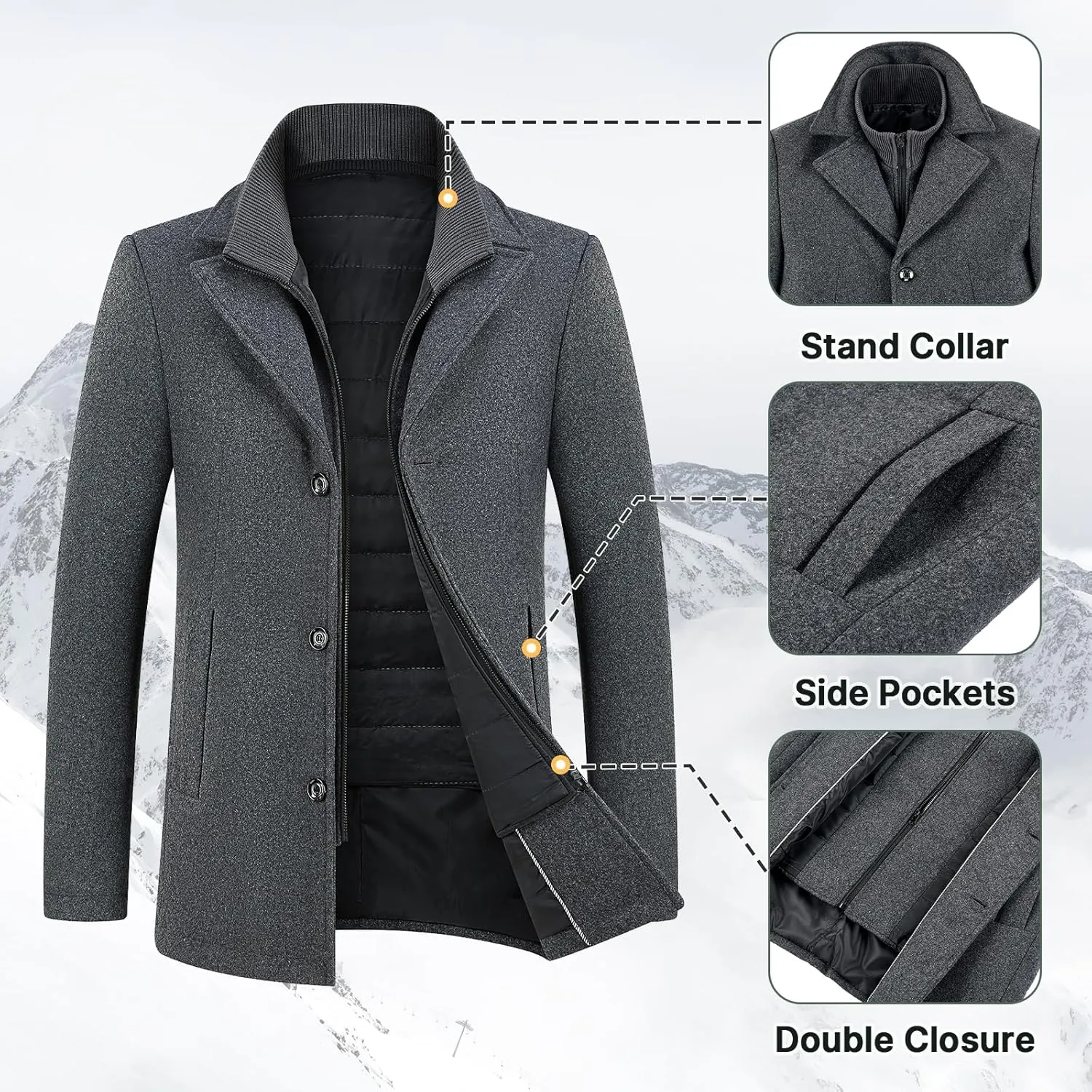 Lamgool Men's Winter Wool Coat with Removable Padded Vest 2-in-1 Winter Warm Casual Peacoat