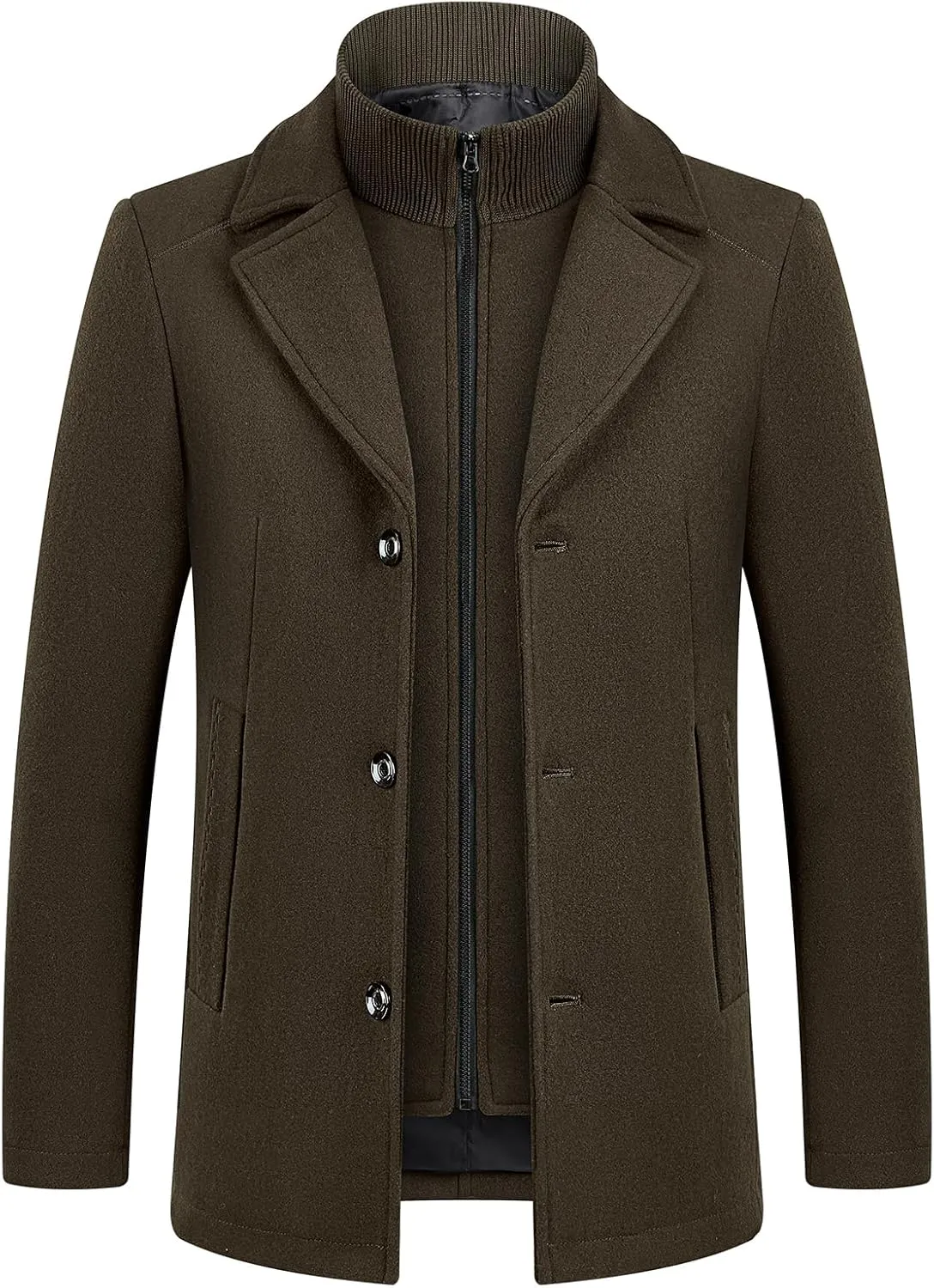 Lamgool Men's Winter Wool Coat with Removable Padded Vest 2-in-1 Winter Warm Casual Peacoat