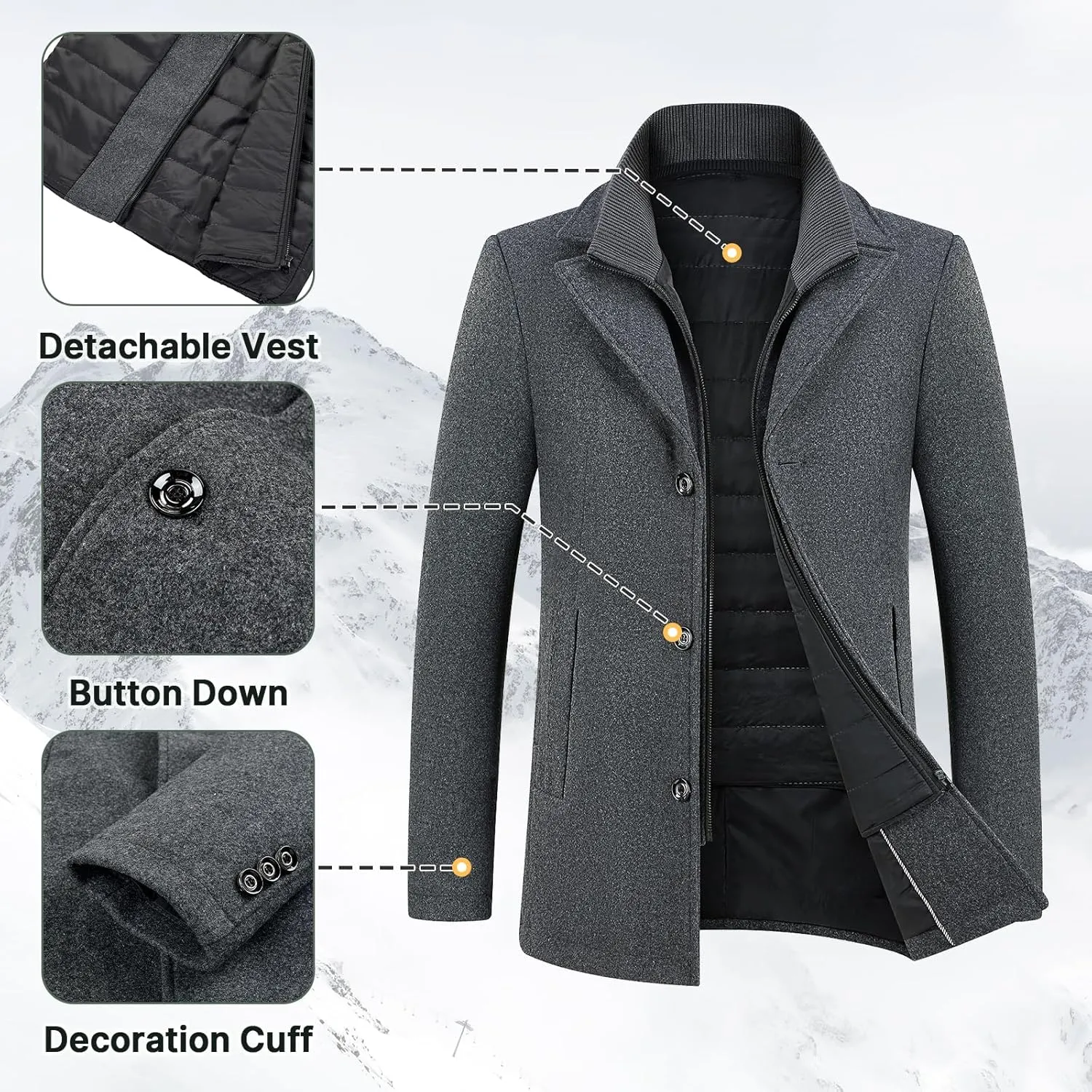 Lamgool Men's Winter Wool Coat with Removable Padded Vest 2-in-1 Winter Warm Casual Peacoat