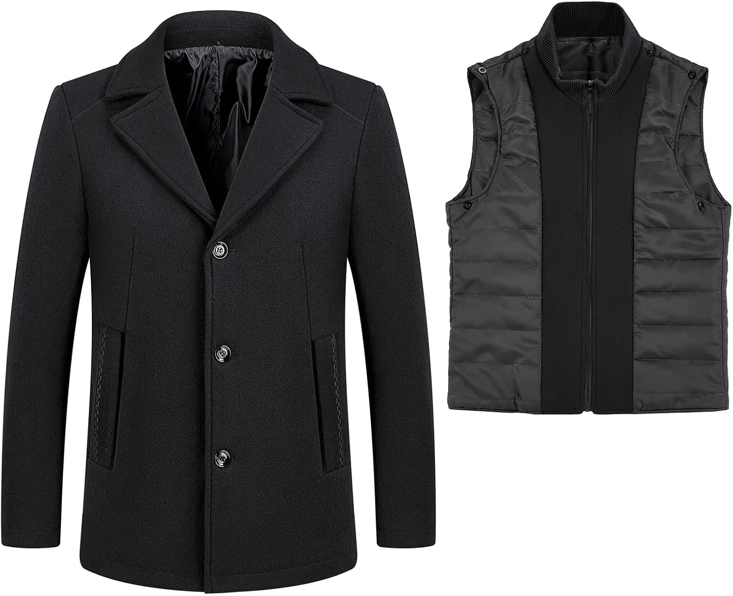 Lamgool Men's Winter Wool Coat with Removable Padded Vest 2-in-1 Winter Warm Casual Peacoat