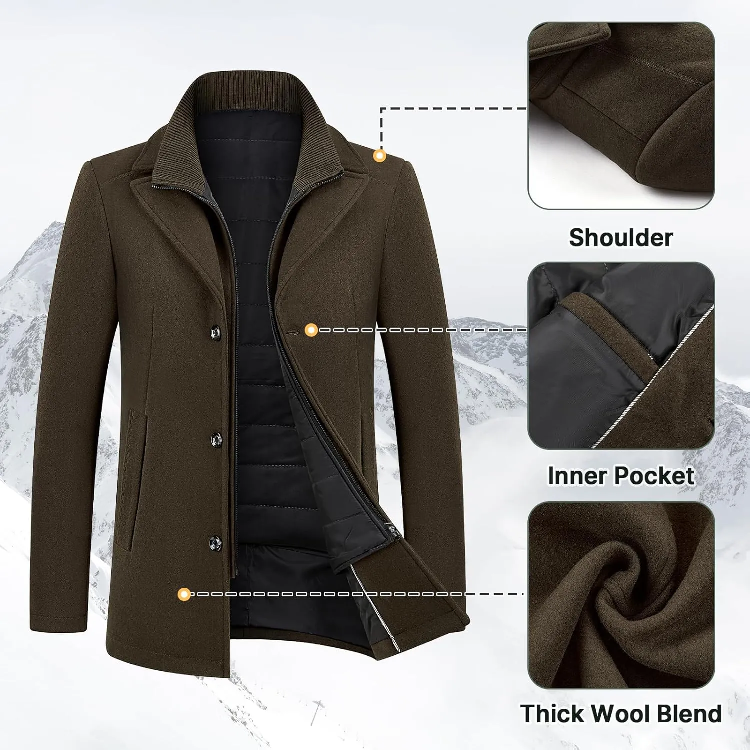 Lamgool Men's Winter Wool Coat with Removable Padded Vest 2-in-1 Winter Warm Casual Peacoat