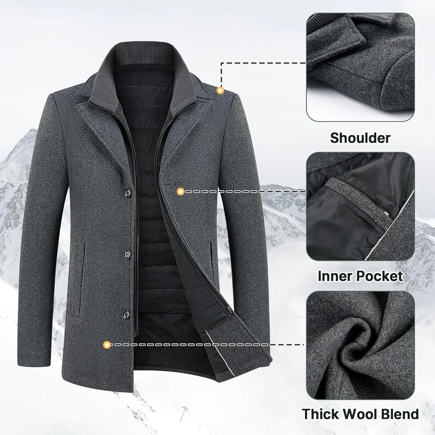 Lamgool Men's Winter Wool Coat with Removable Padded Vest 2-in-1 Winter Warm Casual Peacoat