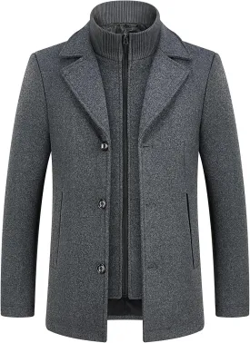 Lamgool Men's Winter Wool Coat with Removable Padded Vest 2-in-1 Winter Warm Casual Peacoat