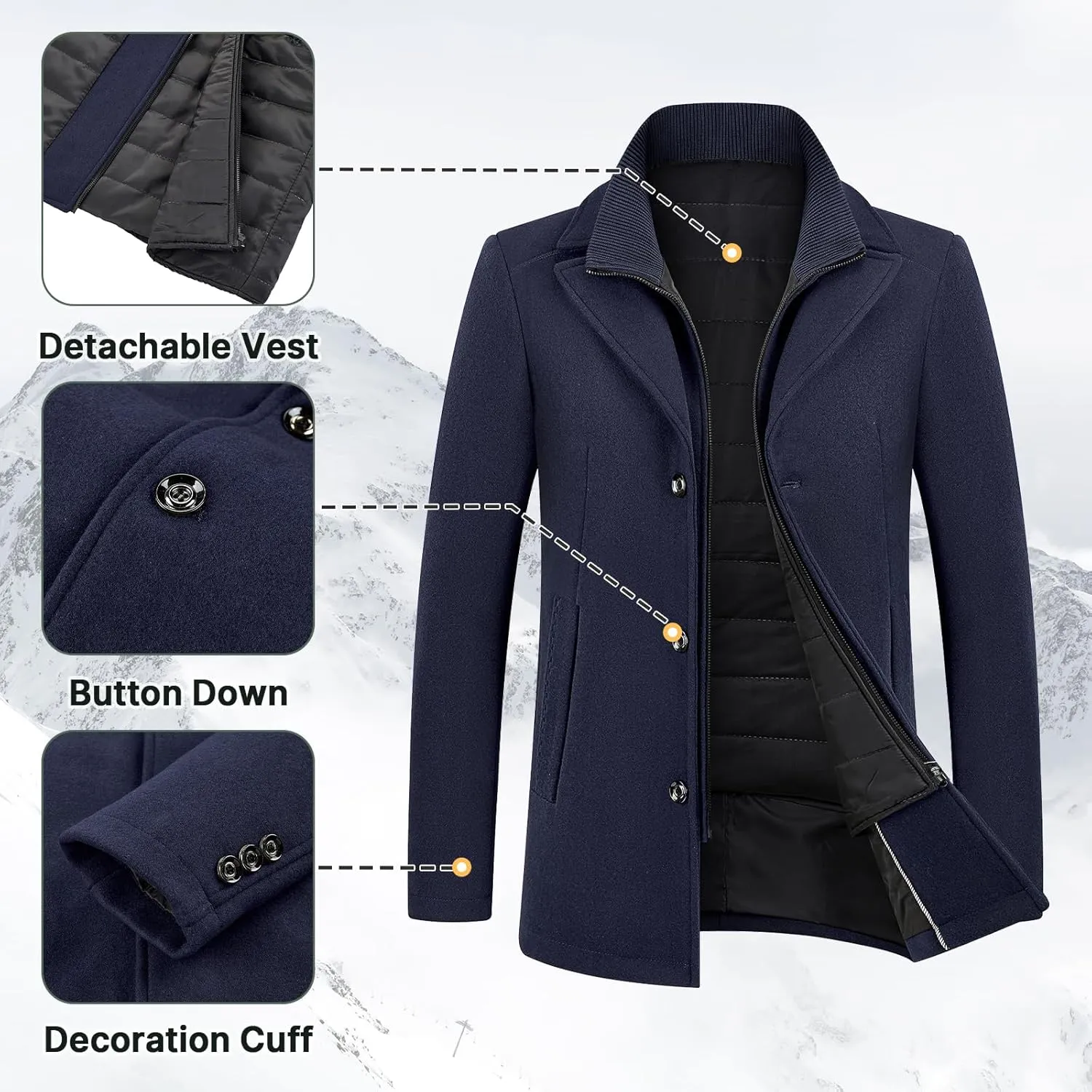 Lamgool Men's Winter Wool Coat with Removable Padded Vest 2-in-1 Winter Warm Casual Peacoat