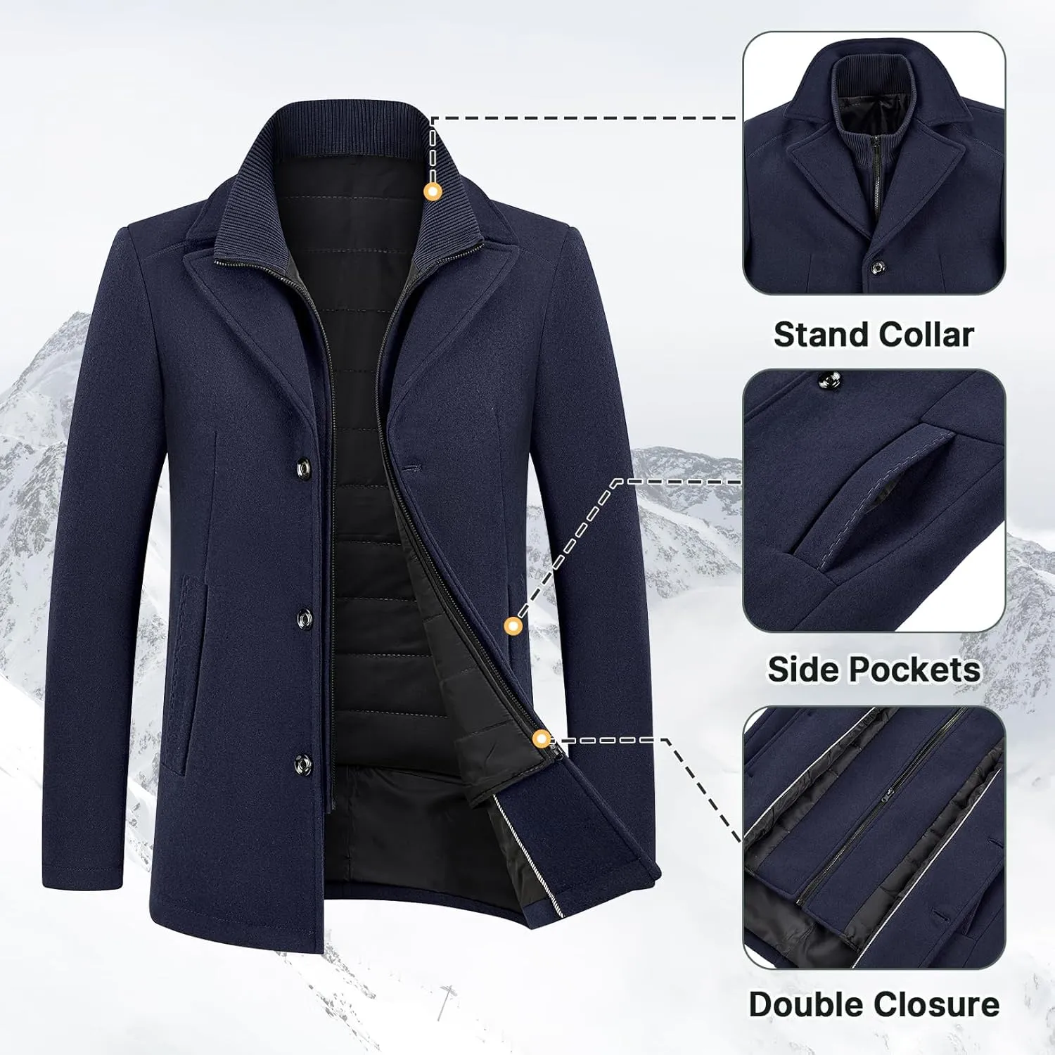 Lamgool Men's Winter Wool Coat with Removable Padded Vest 2-in-1 Winter Warm Casual Peacoat