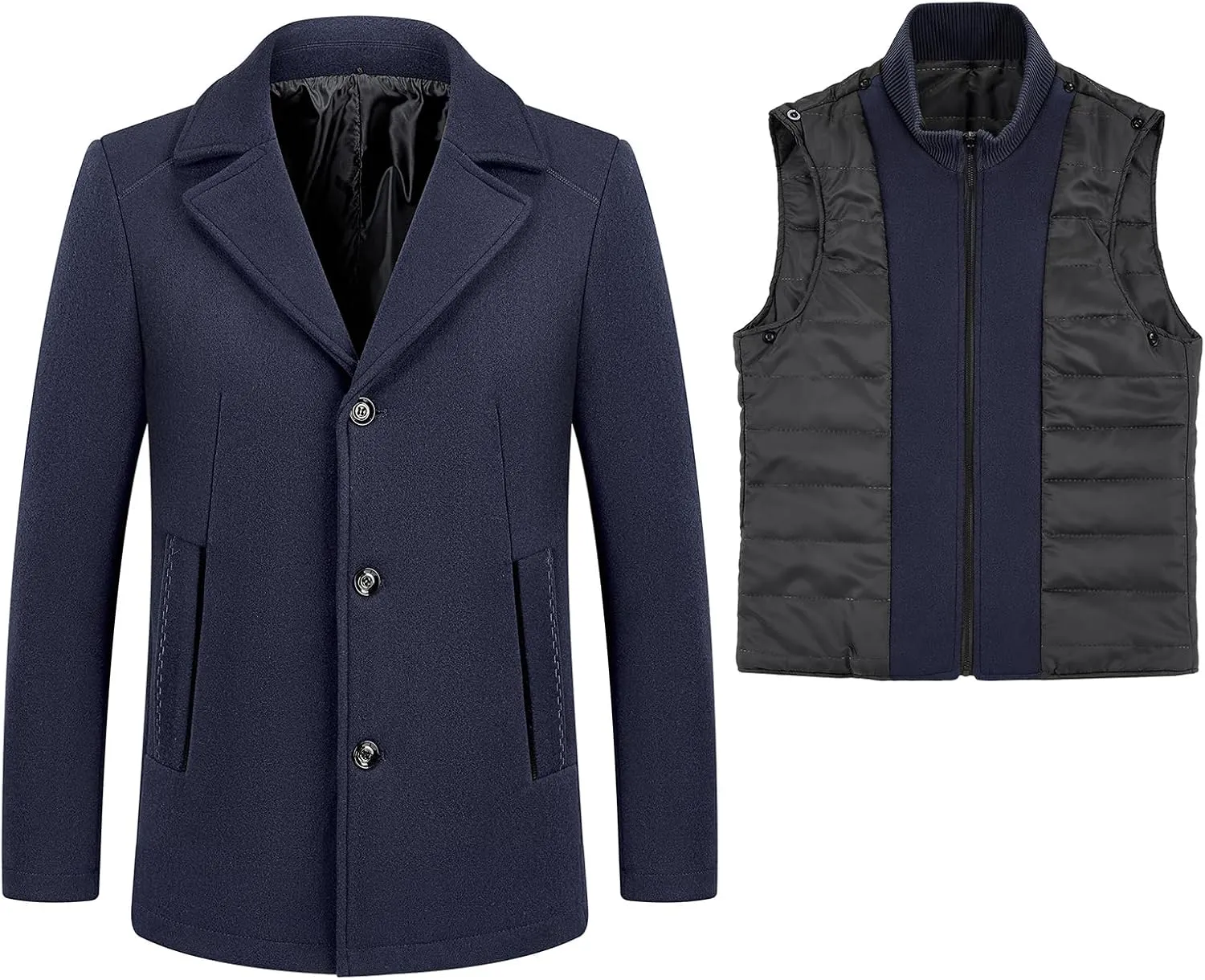 Lamgool Men's Winter Wool Coat with Removable Padded Vest 2-in-1 Winter Warm Casual Peacoat