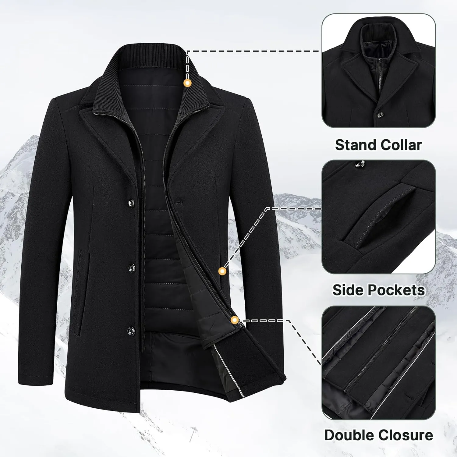 Lamgool Men's Winter Wool Coat with Removable Padded Vest 2-in-1 Winter Warm Casual Peacoat