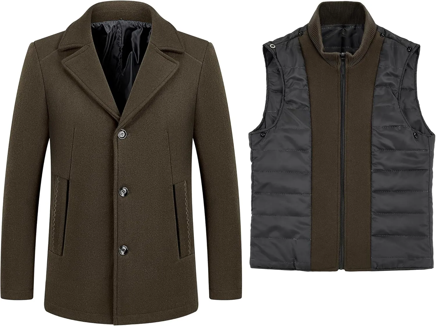 Lamgool Men's Winter Wool Coat with Removable Padded Vest 2-in-1 Winter Warm Casual Peacoat