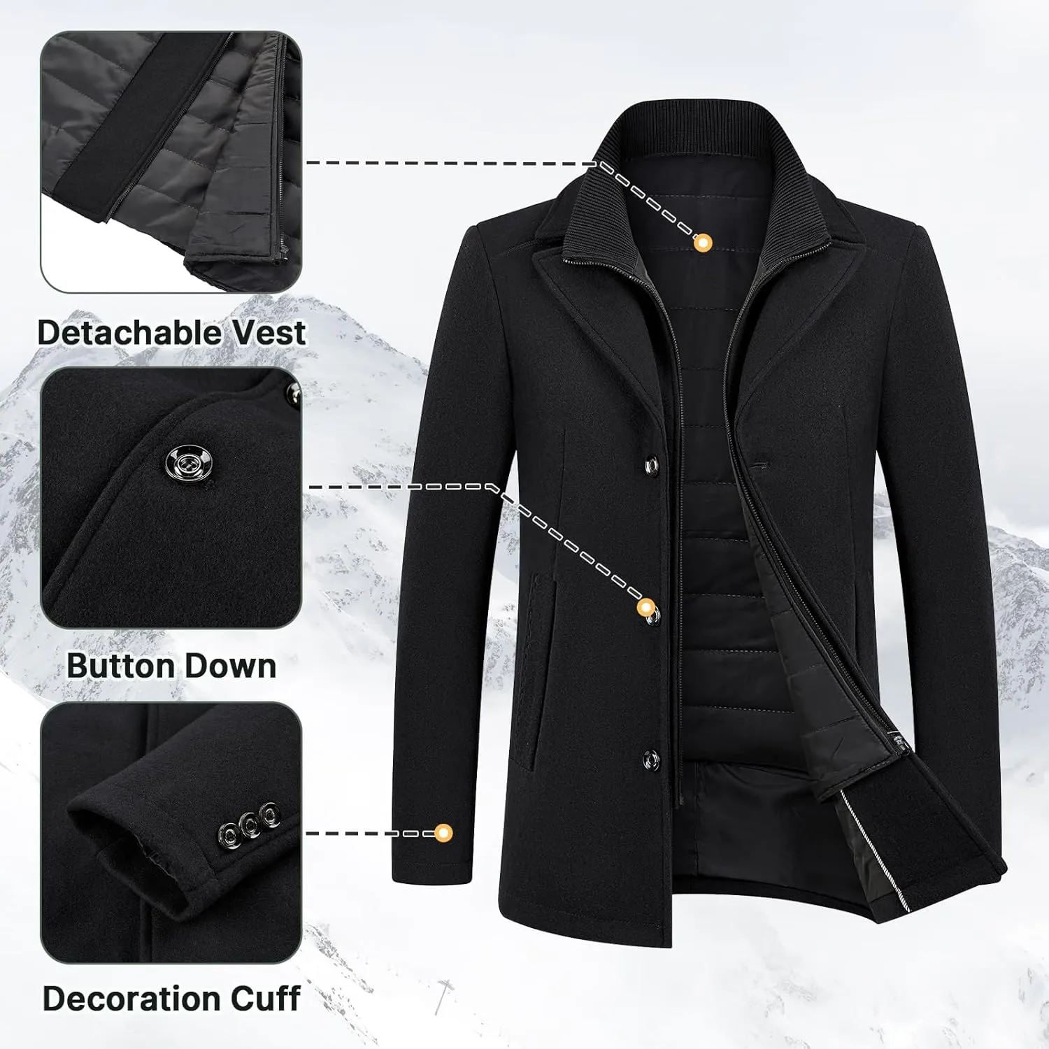 Lamgool Men's Winter Wool Coat with Removable Padded Vest 2-in-1 Winter Warm Casual Peacoat