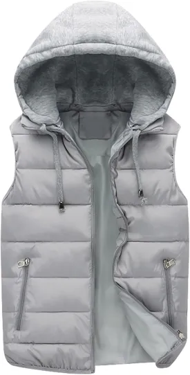 Men's Quilted Jacket Vest Removable Hooded Padded Puffer Sleeveless Vest Outdoor Warm Winter Outerwear