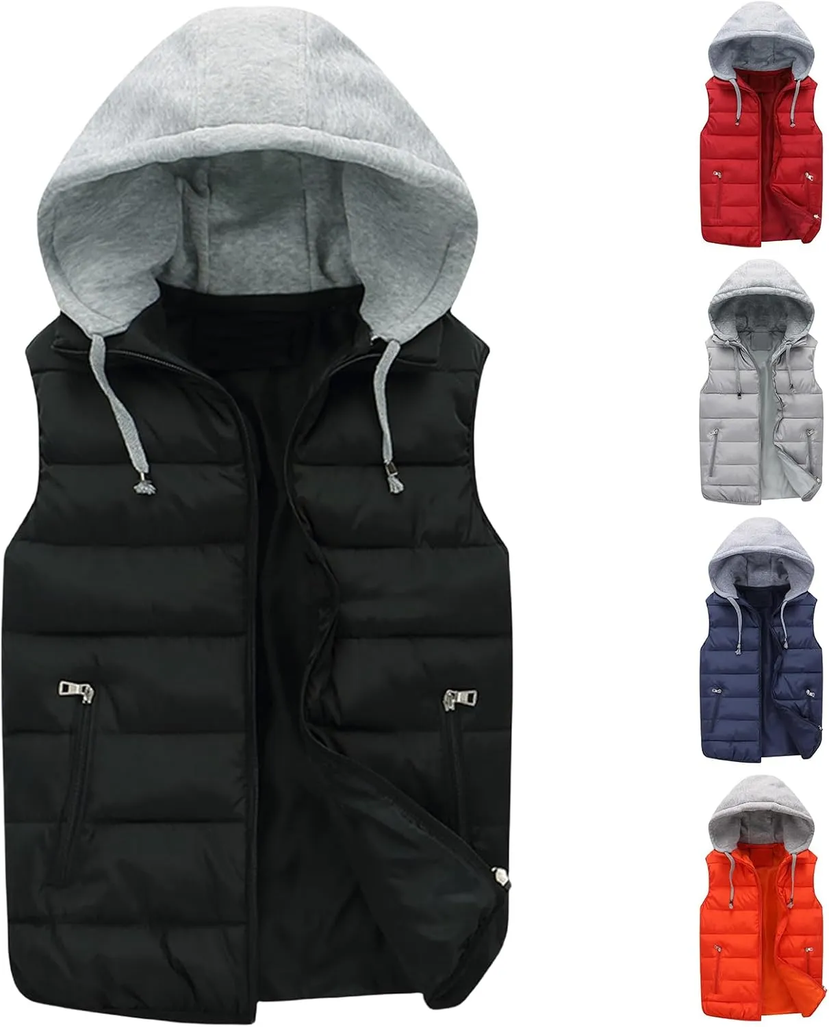 Men's Quilted Jacket Vest Removable Hooded Padded Puffer Sleeveless Vest Outdoor Warm Winter Outerwear