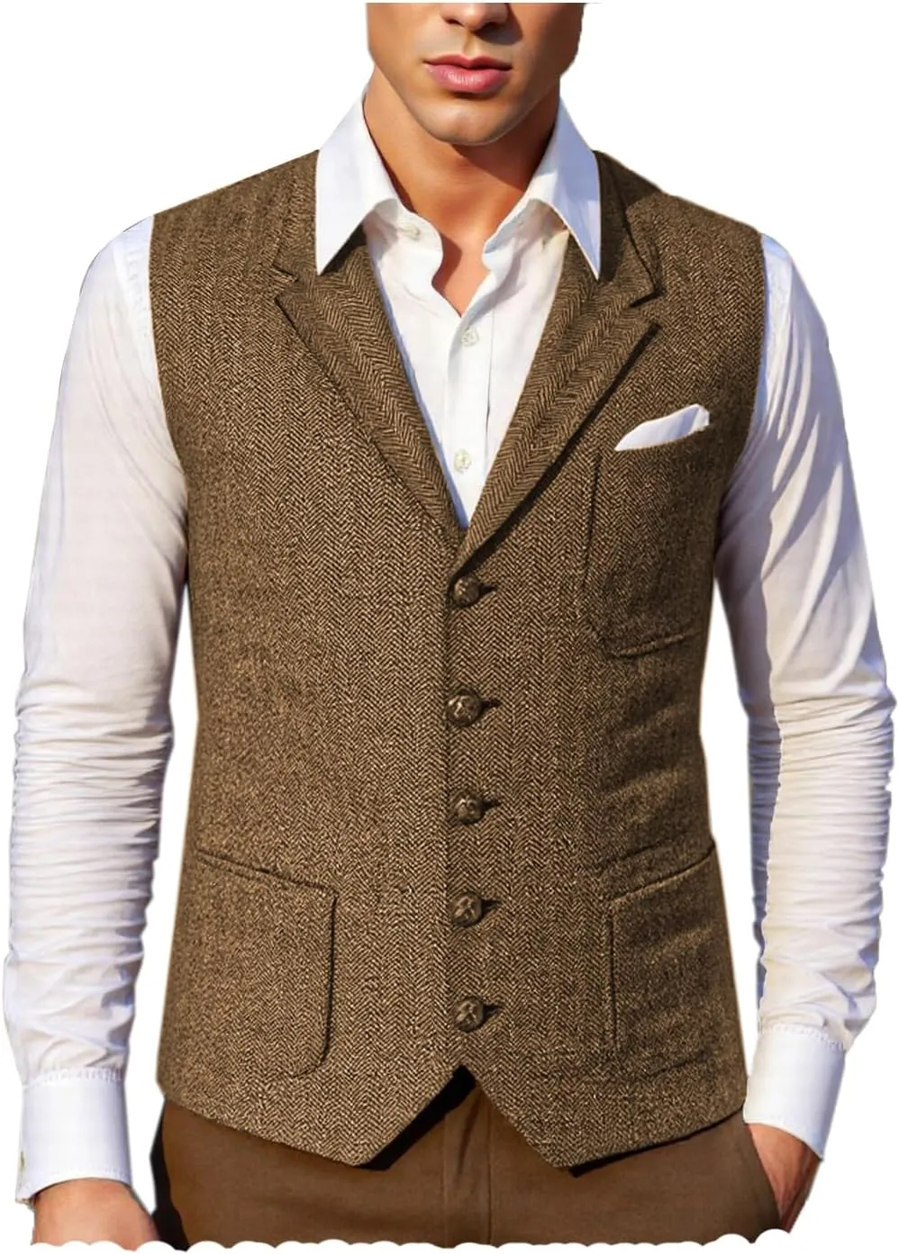 Mens Retro Suit Vest Tweed Wool Regular Fit Dress Waistcoat Herringbone for Jacket