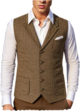 Mens Retro Suit Vest Tweed Wool Regular Fit Dress Waistcoat Herringbone for Jacket