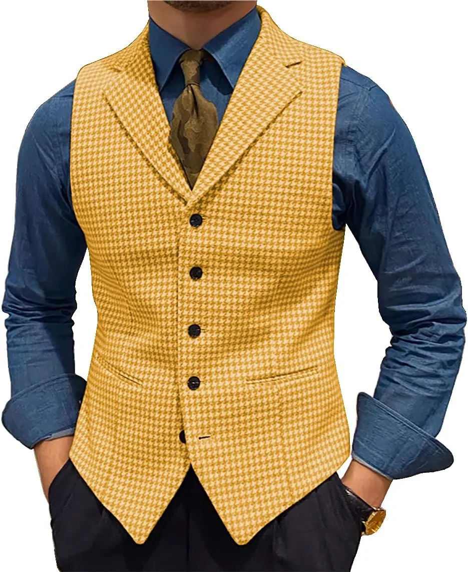 Mens Retro Wool Suit Vest Houndstooth Waistcoat Tweed Herringbone for Tuxedos