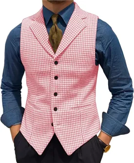 Mens Retro Wool Suit Vest Houndstooth Waistcoat Tweed Herringbone for Tuxedos