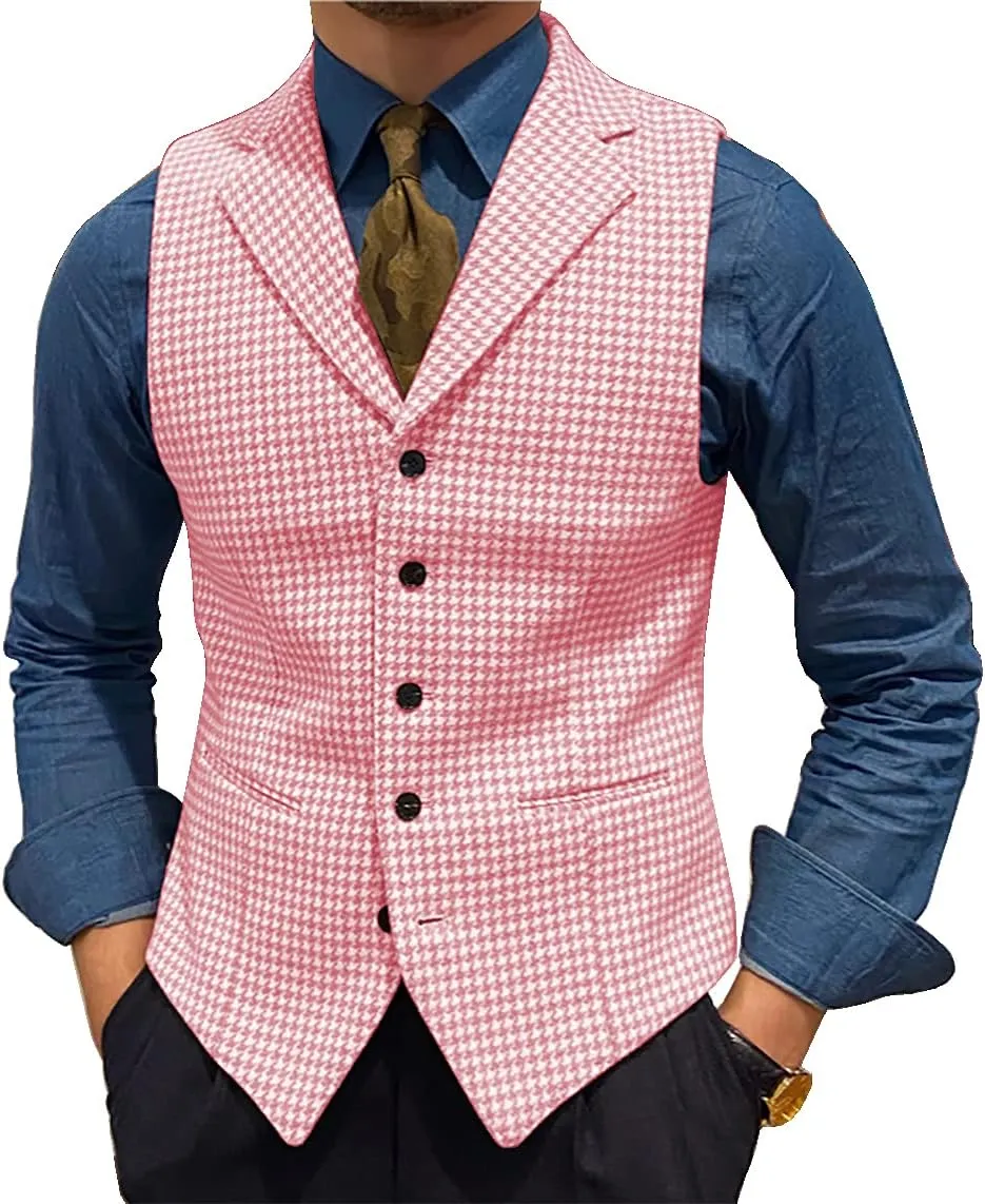 Mens Retro Wool Suit Vest Houndstooth Waistcoat Tweed Herringbone for Tuxedos