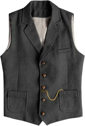 Men's Tweed Suit Vest Western Herringbone Wool Casual Waistcoat for Groomsman