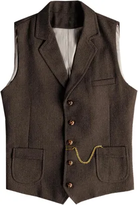 Men's Tweed Suit Vest Western Herringbone Wool Casual Waistcoat for Groomsman