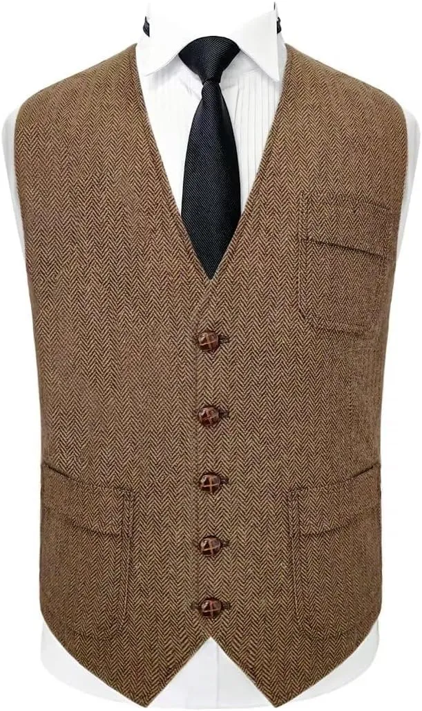 Mens Vintage Tweed Suit Vest V Neck Casual Wool Waistcoat for Wedding Groomsmen Men's Formal Vest