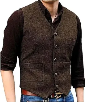 Mens Vintage Tweed Suit Vest V Neck Casual Wool Waistcoat for Wedding Groomsmen Men's Formal Vest