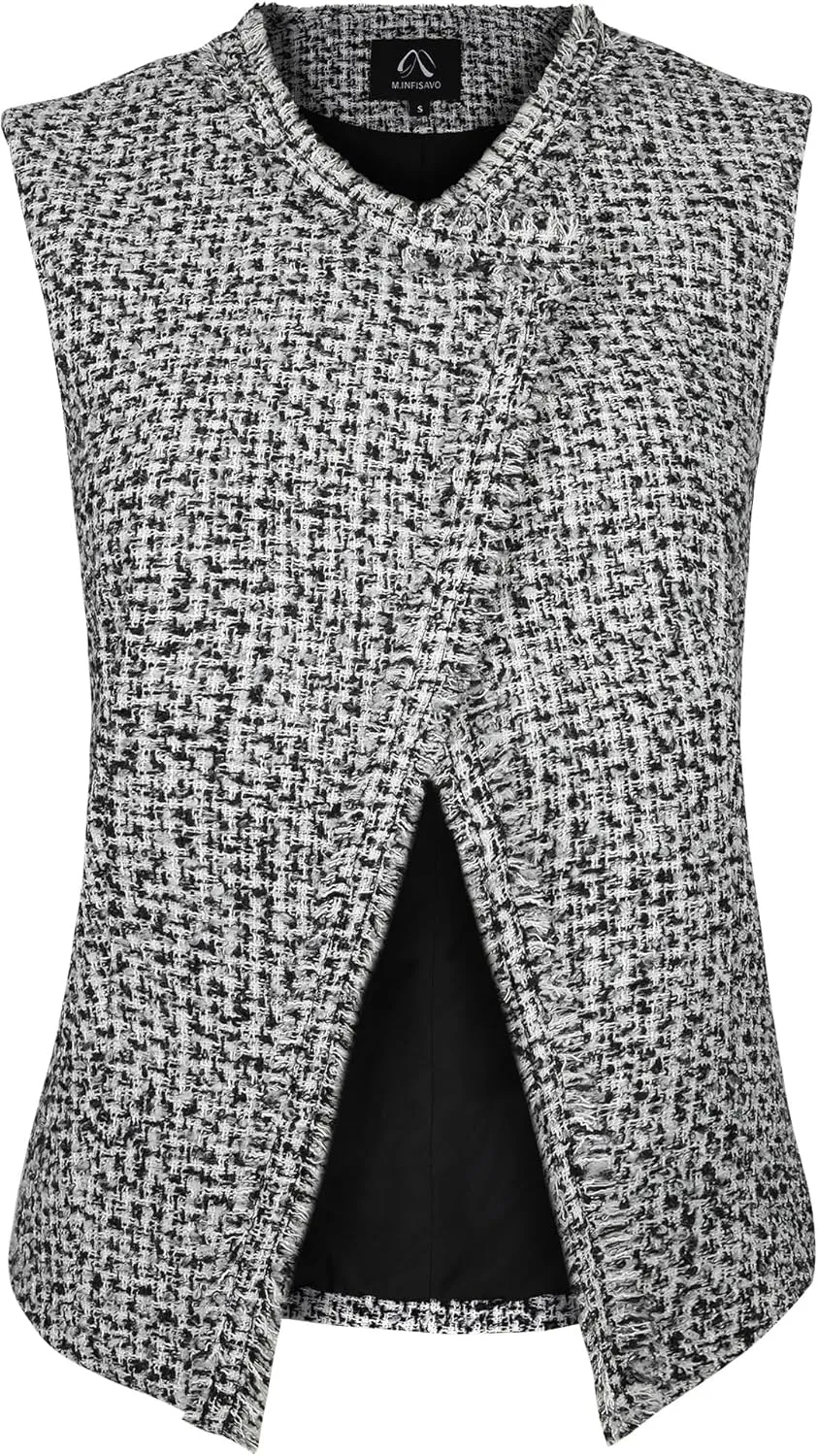 M.Infisavo Tweed Blazer Vest for Women 2024 Fashion Fall Vintage Sleeveless Jackets Work Office Business Casual
