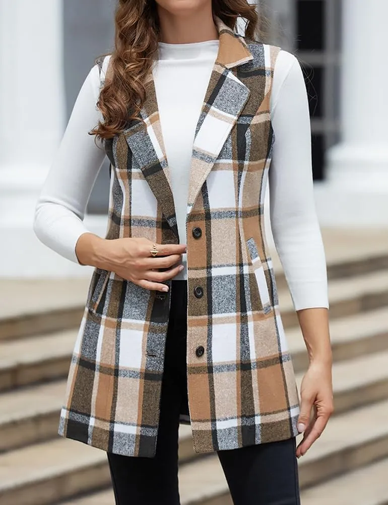 Mywinway Plaid Vest for Women 2024 Sleeveless Fall Winter Long Blazer Jackets Trendy Cardigan Outerwear Wool Coat
