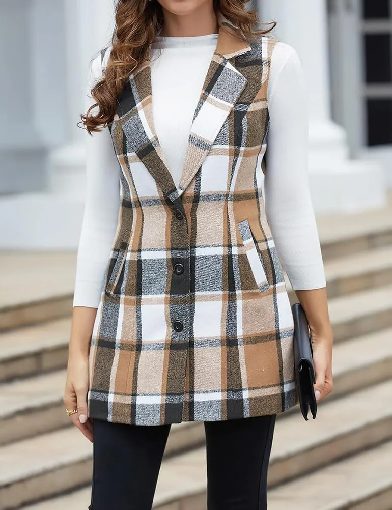 Mywinway Plaid Vest for Women 2024 Sleeveless Fall Winter Long Blazer Jackets Trendy Cardigan Outerwear Wool Coat