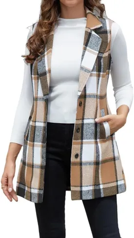 Mywinway Plaid Vest for Women 2024 Sleeveless Fall Winter Long Blazer Jackets Trendy Cardigan Outerwear Wool Coat