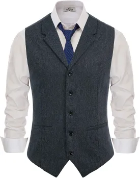 PJ PAUL JONES Mens Western Herringbone Suit Vest Tweed Wool Blend Slim Fit Waistcoat