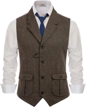 PJ PAUL JONES Mens Western Herringbone Suit Vest Tweed Wool Blend Slim Fit Waistcoat